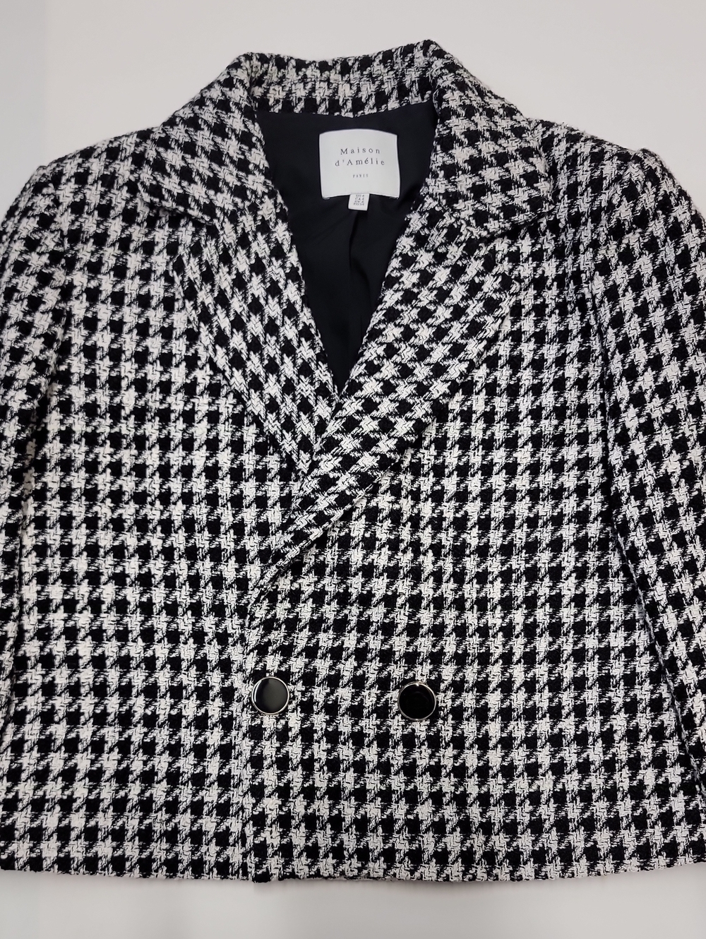 Maison d'Amélie Houndstooth Cropped Blazer Jacket - Black & White Sz 4 Perfect - Picture 10 of 14